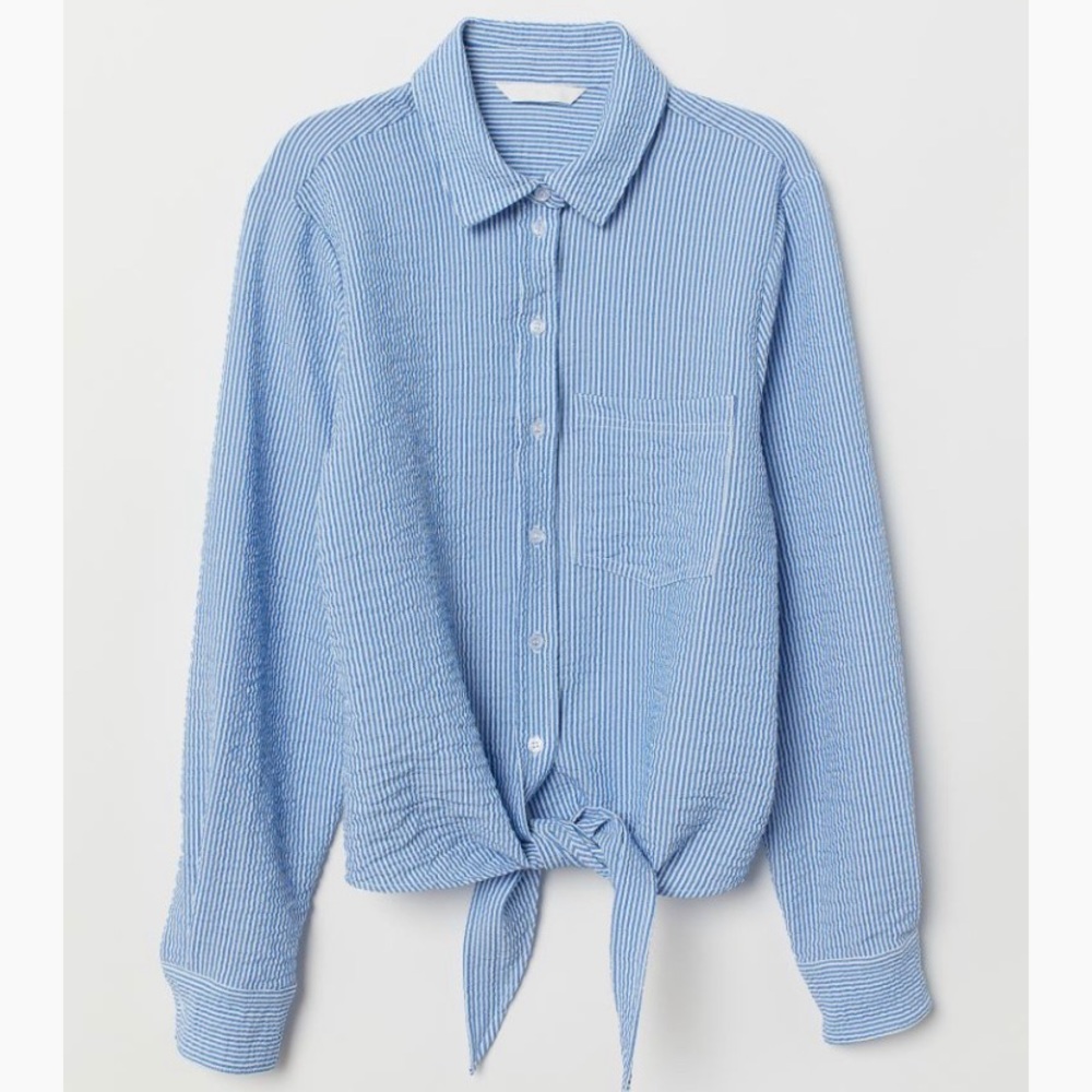H&M Tie Front Blue & White Striped Woven Blouse
